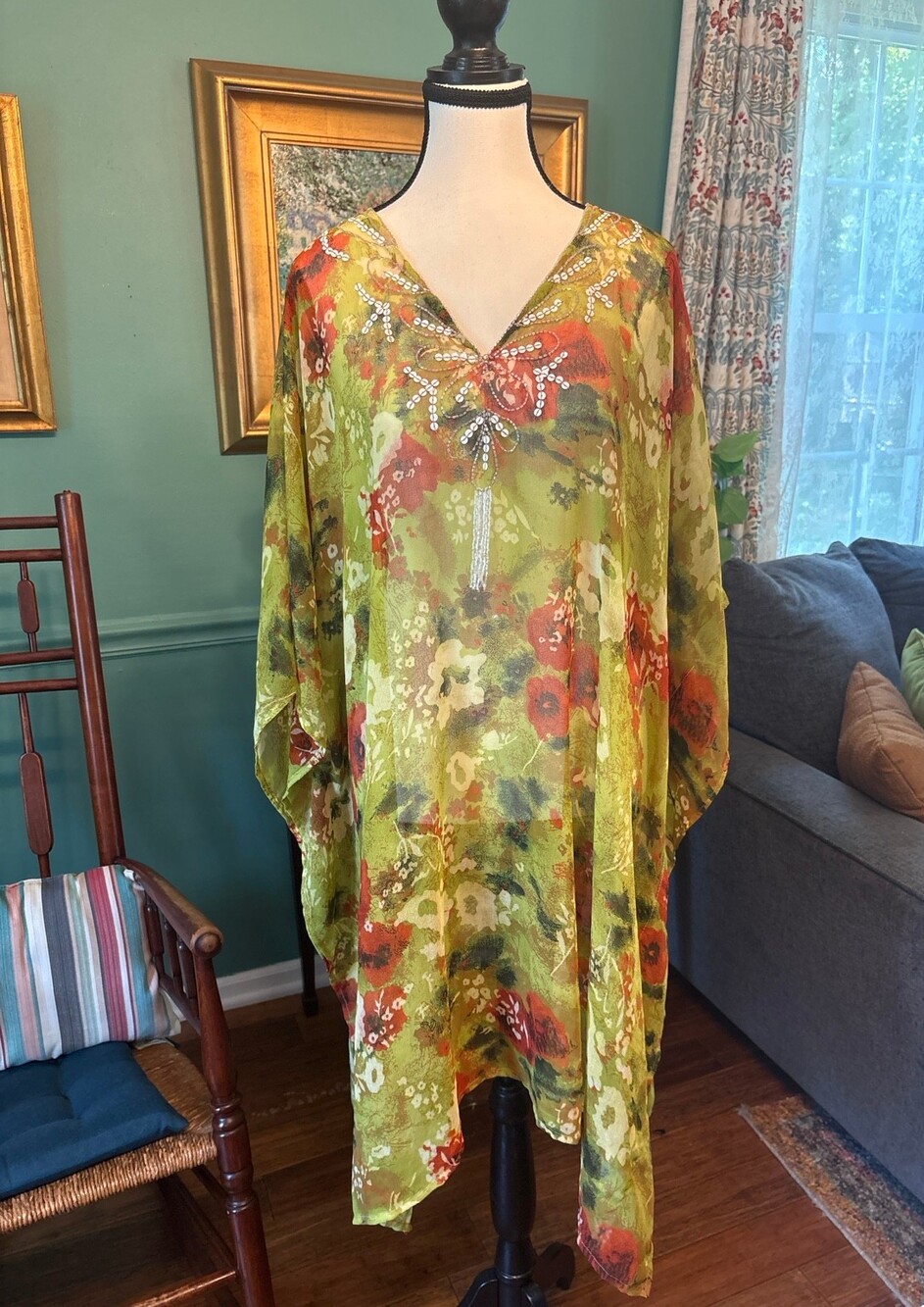Vintage 2004 Signature by Robbie Bee Floral Beaded Caftan Kaftan Dress One Size